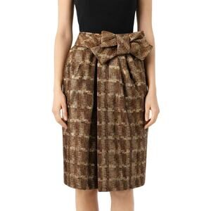 Marni Gold Brown Plaid Virgin Wool Skirt - Pleated Bow Accent Size 4 / IT 40